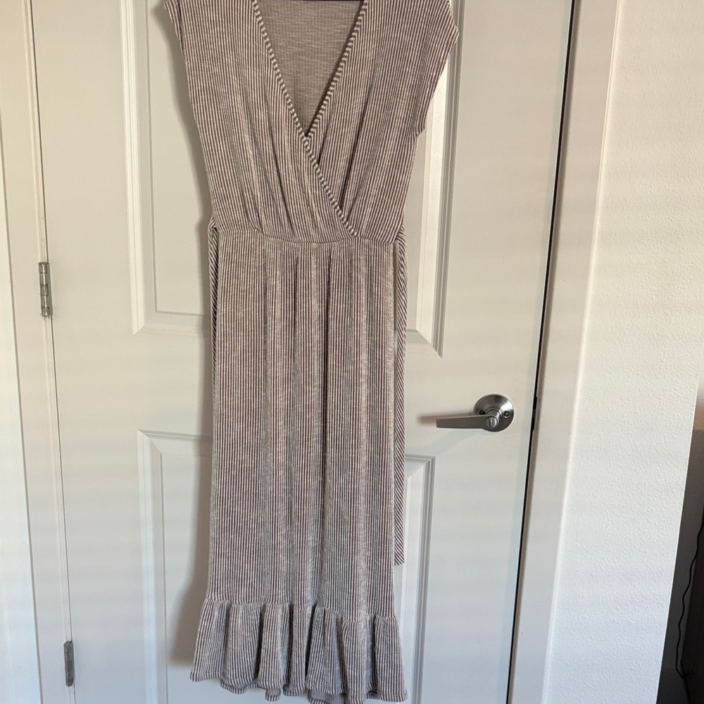 Caution To The Wind V-Neck Striped Midi Dress in Cream and Gray - Picture 2 of 7